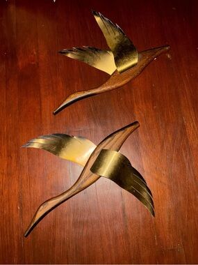 Mid-Century Modern Brass & Wood Flying Bird Wall Sculptures - Set of 2 MCM